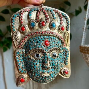 Vintage Tibetan Turquoise & Coral Inlaid Brass Buddha Face Wall Hanging Bohemian